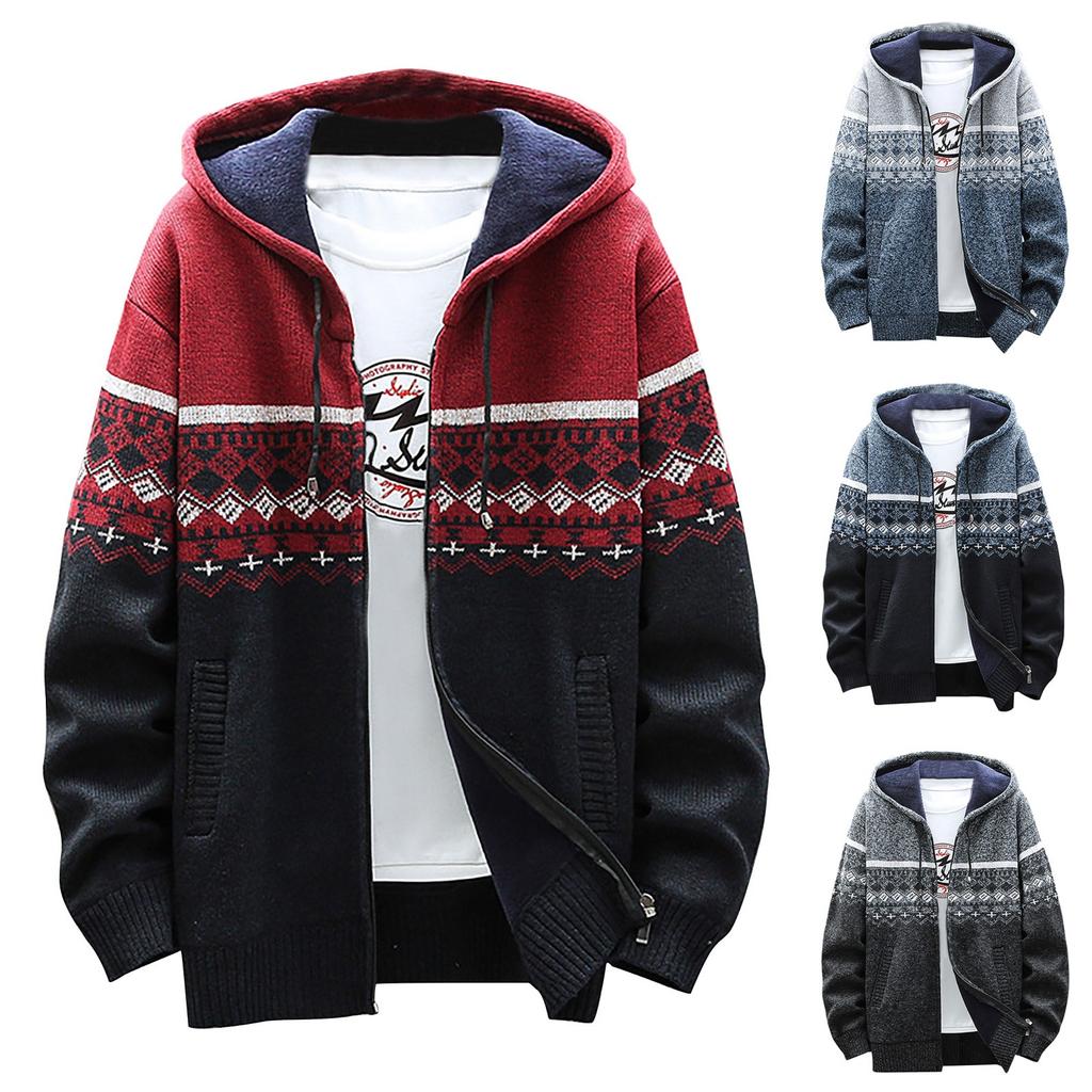 Men's Fall And Winter Casual Sweater Jacket Warm Knit Sweater Hooded Hoodie