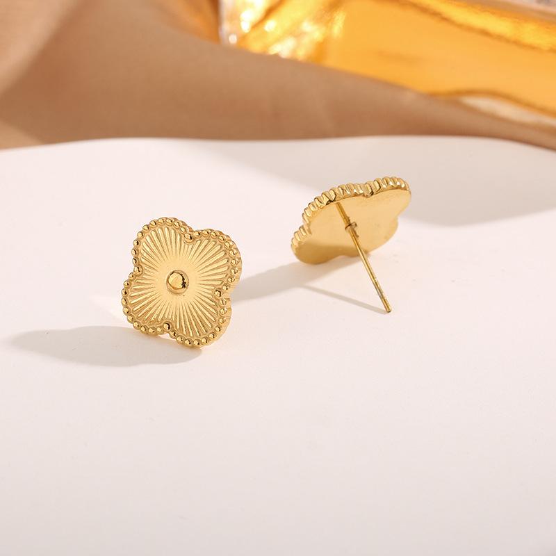 Titanium Steel Gold Four-leaf Clover Stud Earrings, Lucky Four-leaf Clover Five-flower Earrings