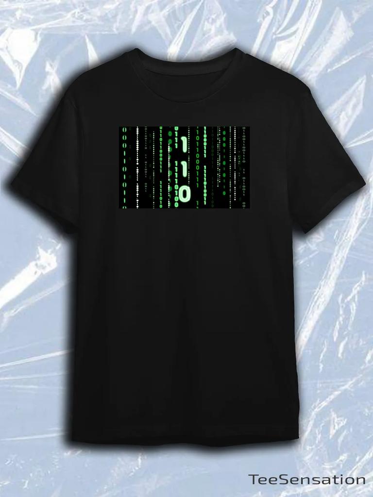 TeeSensation Black Crew Neck Short Sleeve T-Shirt with Rectangular Green Matrix Binary Code Print