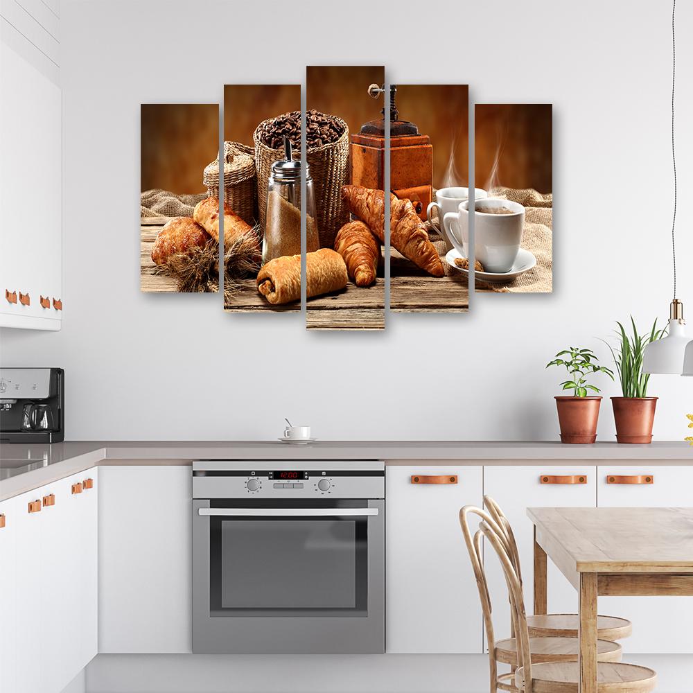 Five piece picture canvas print Coffee and Fresh Croissants