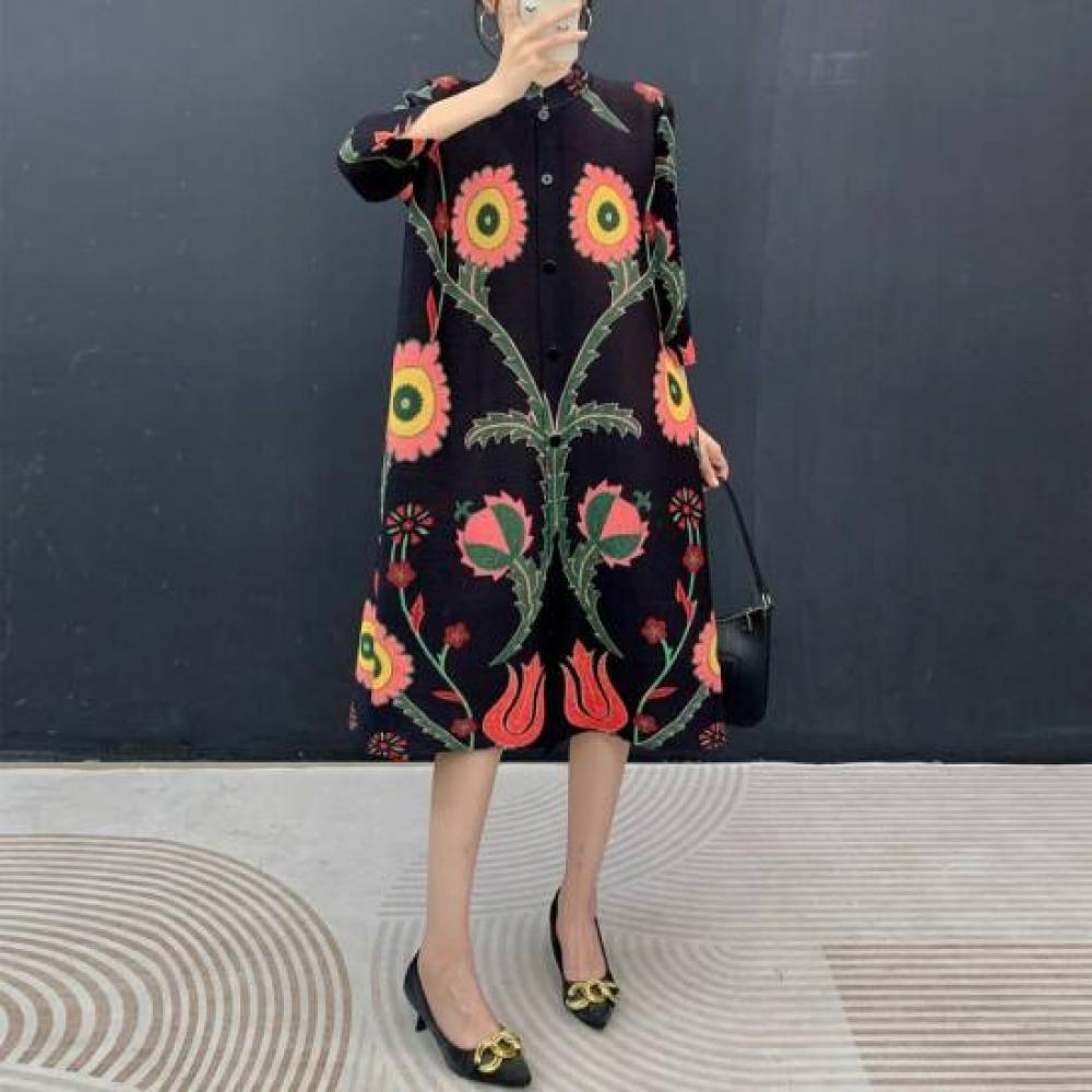 Plara High Neck Pleated Flower Dress