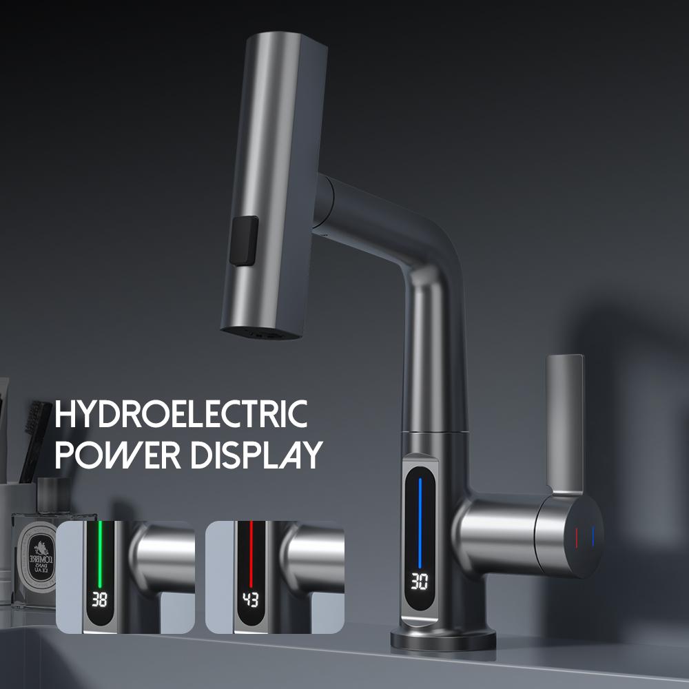 Цифровой дисплей кран матовый золотой кран для раковины горячий и холодный выдвижной смеситель водопад вода 3-ходовой кран для мойки монтируется на бортике