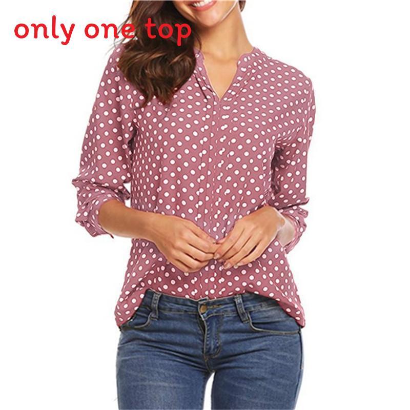 Womens Long Sleeve Dot Print Cotton Linen Shirt With U Neck For Casual Office Wear