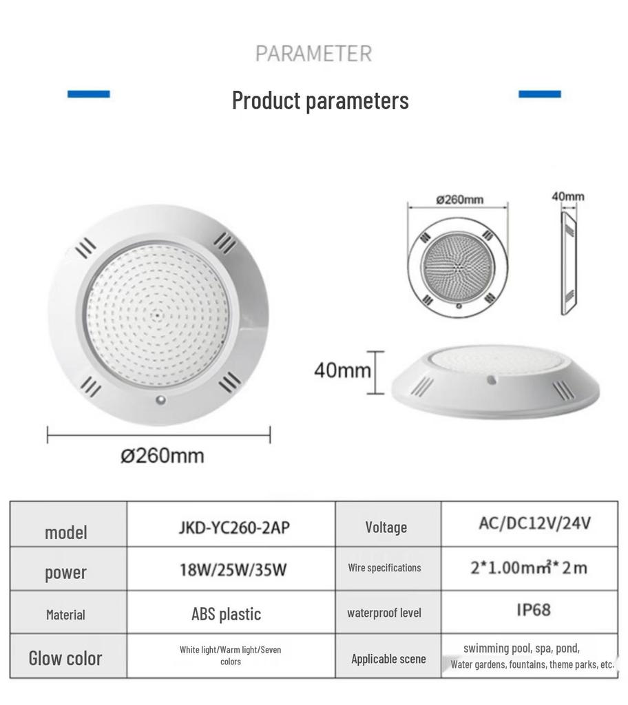 Wireless RGB Waterproof IP68 Wall-Mounted LED Pool Light with Colorful Remote Control.