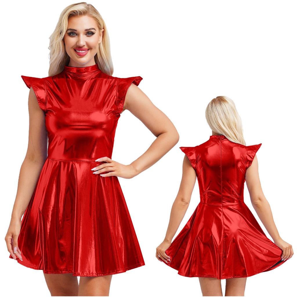 Women's Halloween Party Dress - Shiny Metallic A-line with Mock Neck & Cap Sleeves Fashion Bar Club Wear