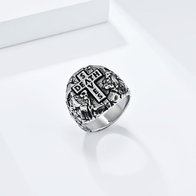 Men's Vintage Cross Titanium Steel Ring Bully Niche Design Stone Pattern Skull Jewellery Gold Rapper Wear Finger Ring