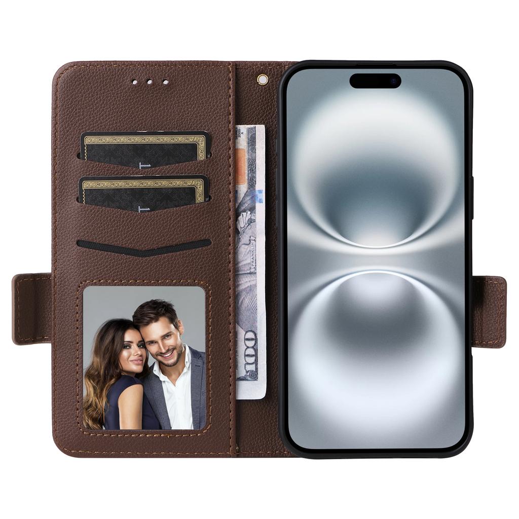 For iPhone 16 Case with Wrist Strap Litchi Texture PU Leather Wallet Phone Cover