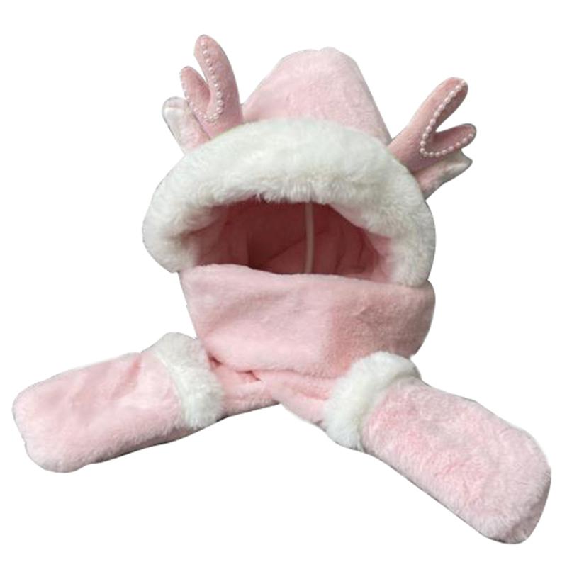Winter Women's Warm Hat Three-piece Set Hat Scarf Gloves In One Set with Cute Cartoon Antlers, Perfect for Christmas Gift