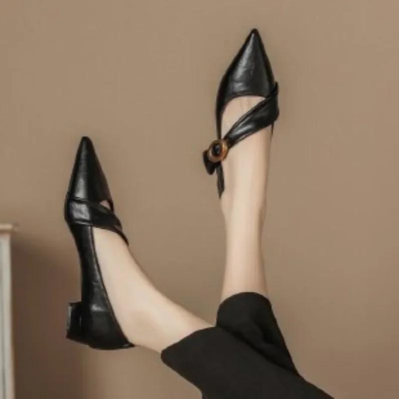 Острый носок женские массивные кожаные элегантные туфли на каблуке трендовая мода весна дизайнерские босоножки для вечеринок новинка Mujer Zapatos