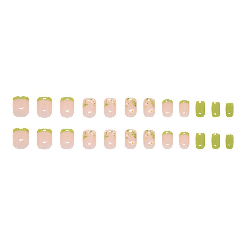 Green Fresh Daisies French Removable Nail Art Tablets 24 Pieces Press On Nails
