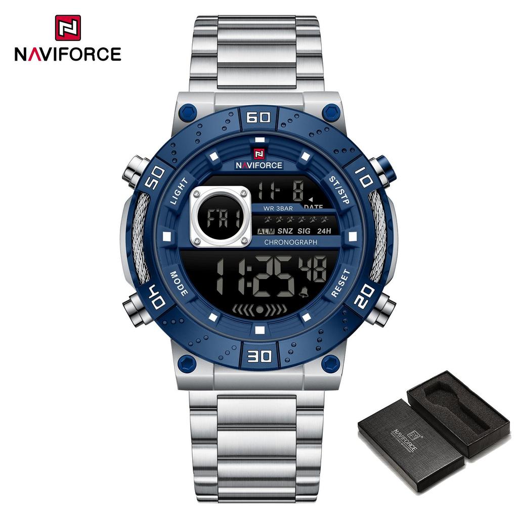 Naviforce ЖК-цифровые часы для мужчин с датой, хронографом, будильником, ремешком из нержавеющей стали, водонепроницаемые, ночной режим, многофункциональные мужские часы NF9241S