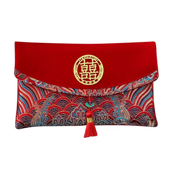 Свадебный красный конверт большой вместимости с вышивкой-благословением и кисточкой, красный конверт для денег в китайском стиле, красный конверт для денег на свадьбу