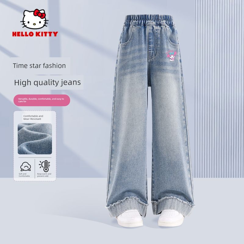 Hello Kitty Girls' Jeans Spring and Autumn 2026 New Style Children's Pants Fashionable Trendy Children's Clothing Spring Wear