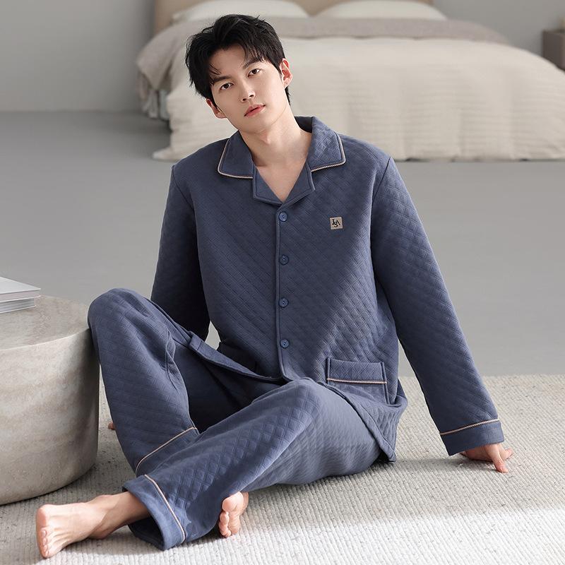 Осенне-зимняя утолщенная пижама из чистого хлопка в стиле «папа», мужская хлопковая одежда для дома с длинным рукавом, теплый тонкий стеганый сэндвич-комплект