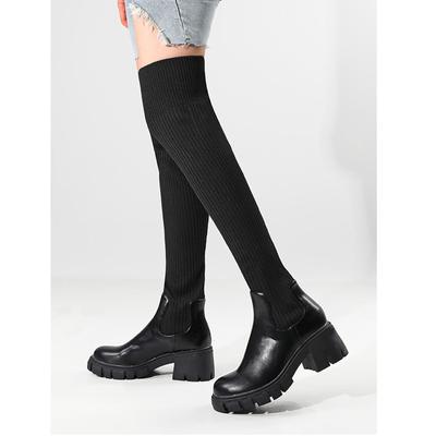 Женские ботинки в британском стиле на толстом каблуке и толстой подошве, длинные ботинки с шерстяным голенищем и эластичные ботфорты