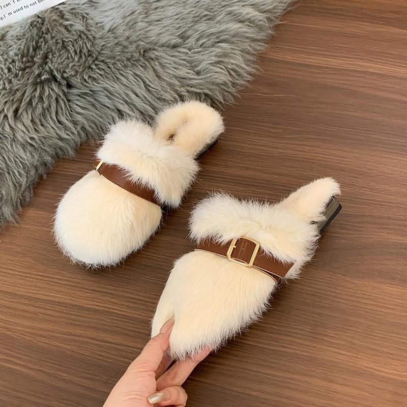 Baotou Mao Mao Slippers Women's Wear 2024 Autumn New Low Heel Milk Almost Fashion Design Sense Square Buckle Home Cotton Mop