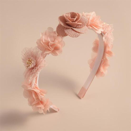 Soft Yarn Headband with Gauze Flowers Faux Pearls Decor Romantic Style Elastic Crown Hairband Parties Weddings Daily Wear