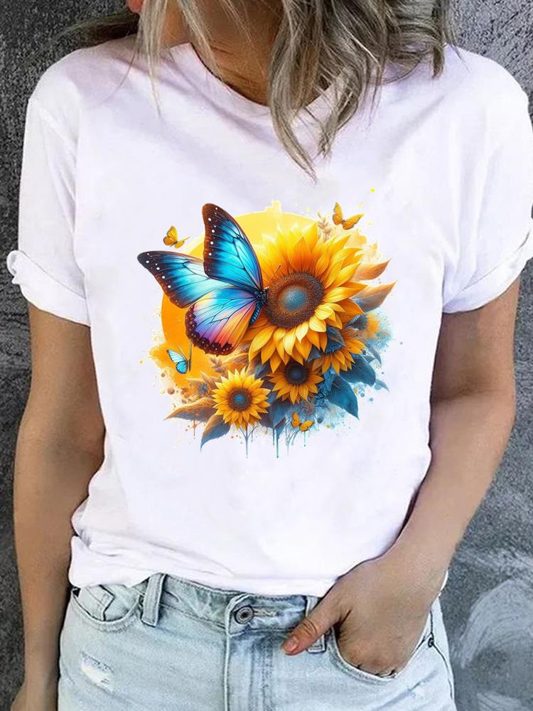 (Азиатский размер) Футболка с круглым вырезом и принтом бабочка цветок милая одежда Топ с коротким рукавом футболка повседневная мода принт женская женская графическая футболка