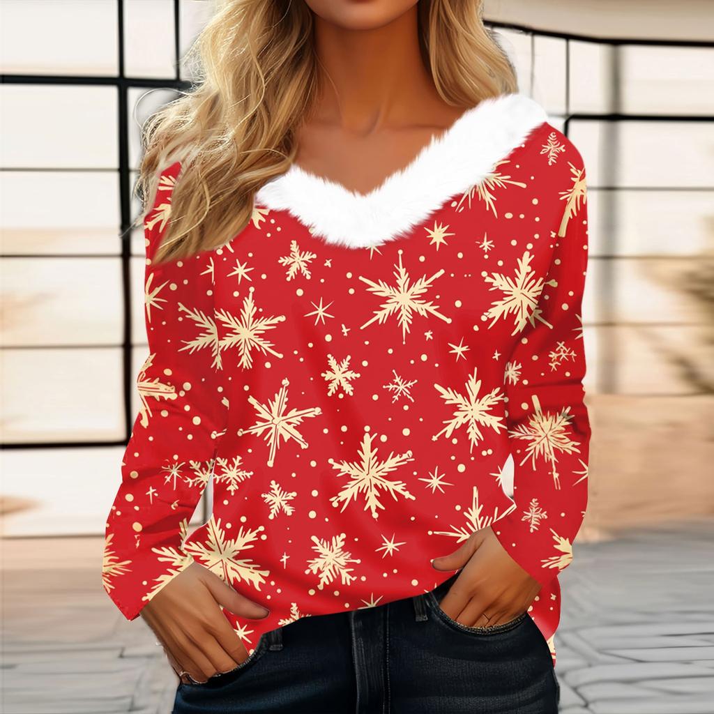 Женская футболка, рождественская рубашка с длинным рукавом, вечерние, рождественский флисовый воротник, топ с v-образным вырезом