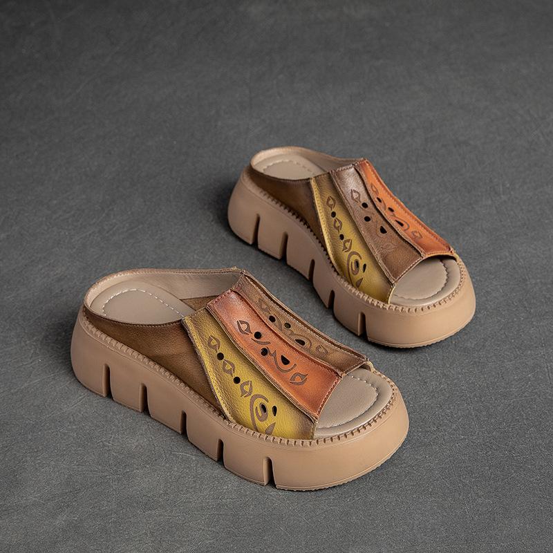 Genuine Leather Thick Soles Sandals Women Retro Wedges Slides Comfortable Outdoor Platform Slippers