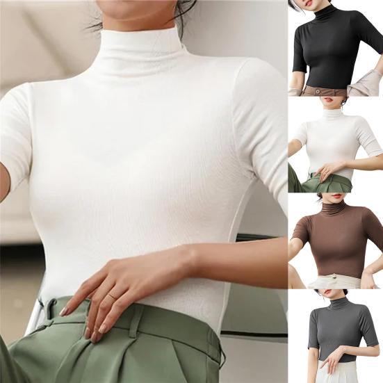 Summer Tops Turtleneck Solid Color Half Sleeve Slim Fit Smooth Wear