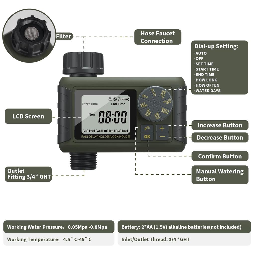 Diivoo Таймер капельного полива, 1/2 зоны, уличное автоматическое ирригационное оборудование с системой полива сада, садовые таймеры воды