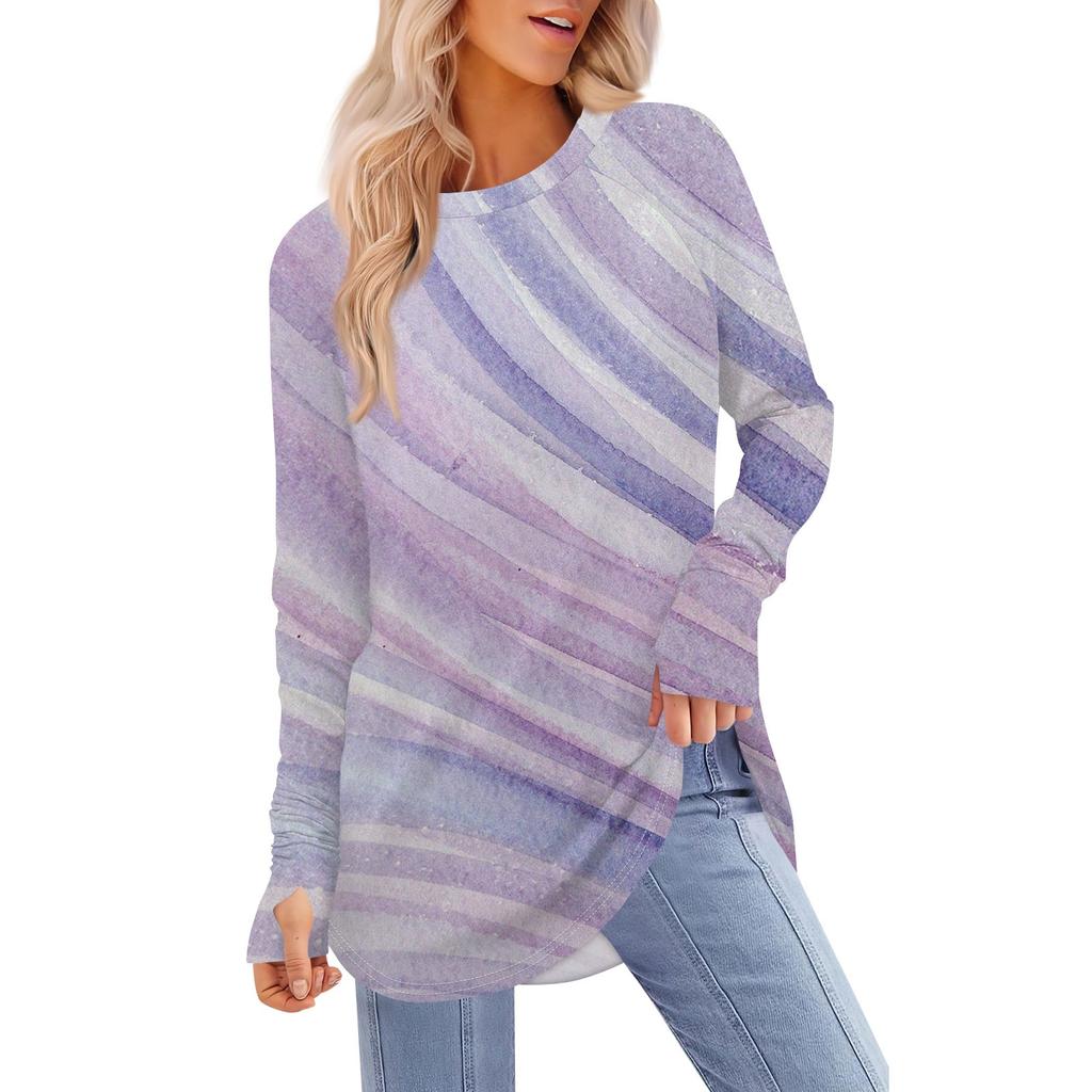 Женская футболка с принтом, круглым вырезом, свободная, с длинным рукавом, средней длины, с отсутствующим большим пальцем