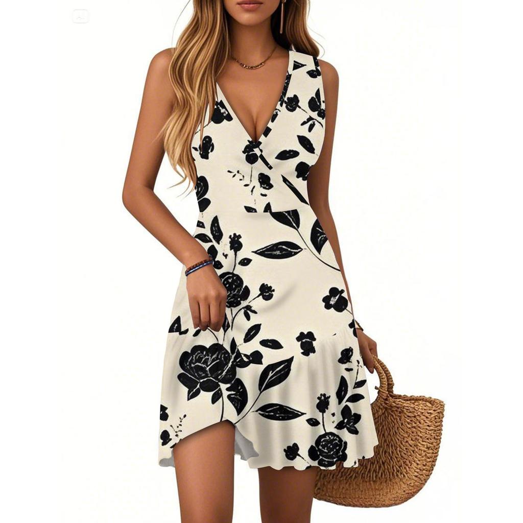 Women's Dress V-neck Sleeveless Casual Floral Print Hem Pleated Dress