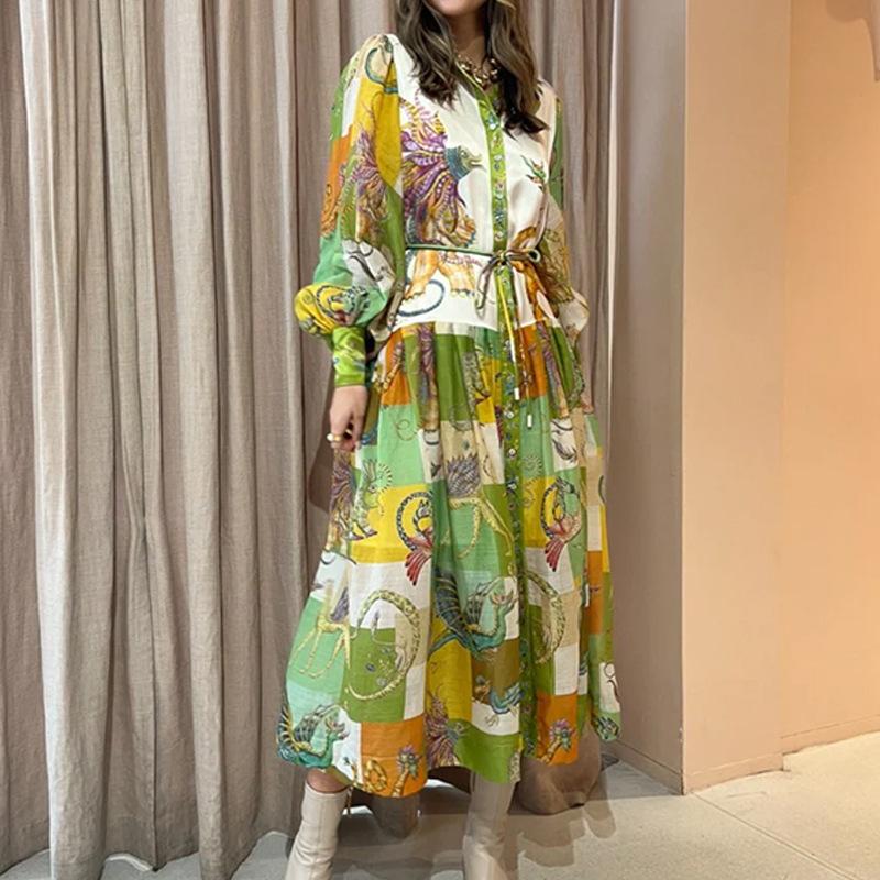 Women's Lantern Sleeve Printed Lapel Waist Long Sleeves Spring Dress for Women