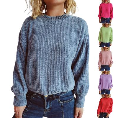 Женский модный повседневный пуловер с круглым вырезом, однотонный свитер с длинным рукавом