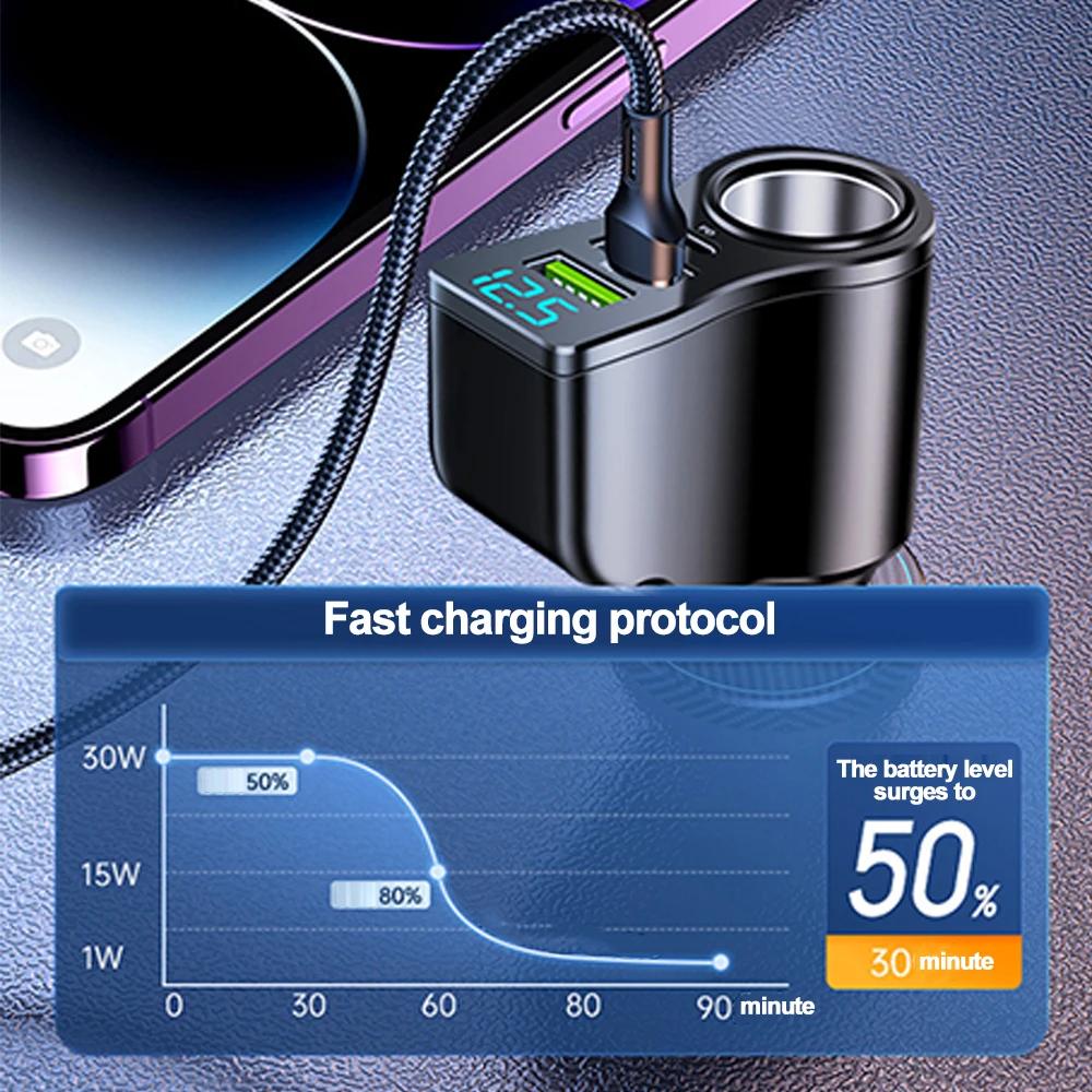 Автомобильное зарядное устройство 4 в 1 66 Вт Адаптер супербыстрой зарядки с цифровым дисплеем напряжения 12 В/24 В Двойные USB-порты Для iPhone Huawei