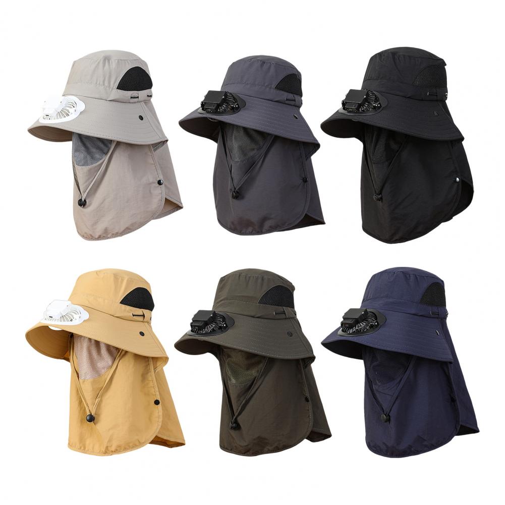 Men Solar Fan Hat with Face And Neck Cover USB Rechargeable Fan Large Brim Hollow Mesh Windproof Strap Anti-UV Sunlight Protecti