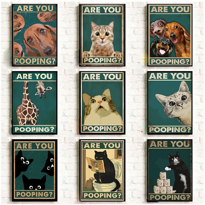 Animals Cat Dog Are You Pooping Funny Bathroom Sign Poster Print Canvas Painting Wall Art Picture for Toilet Home Bathroom Decor