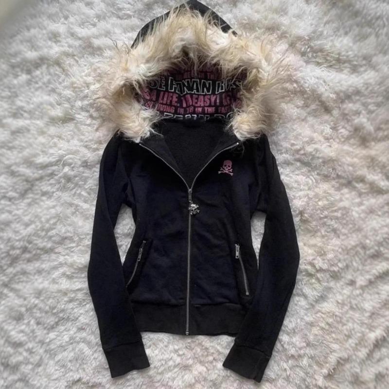 2KWEIRD Y2K Черная толстовка с капюшоном на молнии с меховым воротником Сексуальная женская толстовка Харадзюку Готика Графический принт с буквами Приталенное пальто