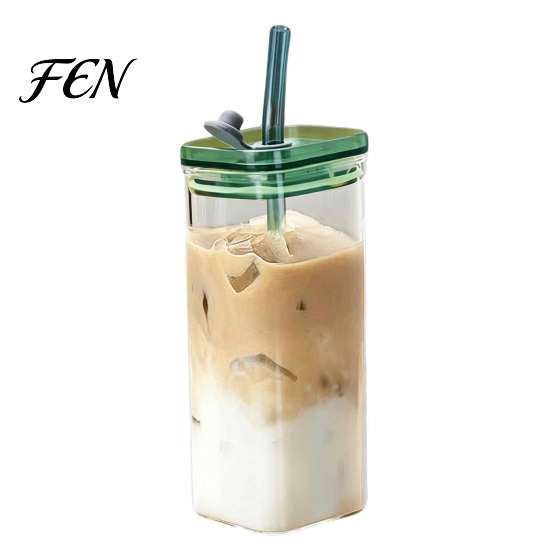 Glassware Collection for Special Occasions Square Borosilicate Glass Cup with Lid And Straw, 350ml Capacity, Heat-Resistant Eco Friendly Tumblers