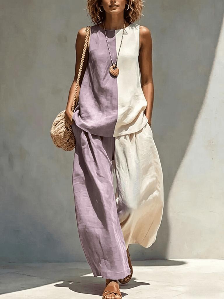 European and American new women's lazy vacation style digital printing casual sleeveless wide-leg pants two-piece set