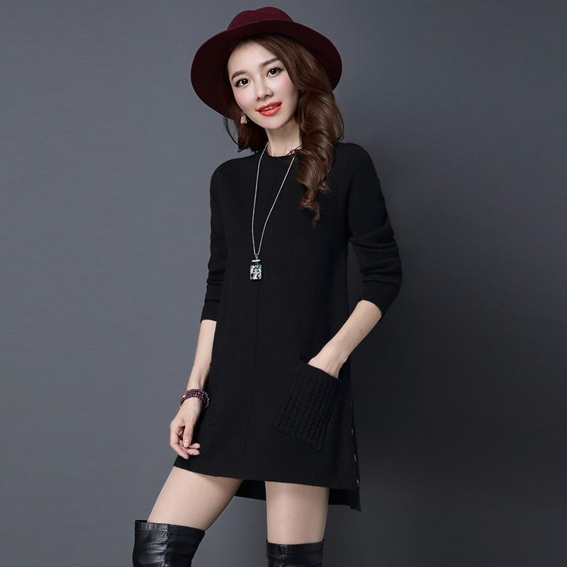 Spring Autumn and Winter Women's Mid-length Pullover Jumper Korean Version of Loose Simple Bottoming Shirt with Pockets of Knitted Jumper Dresses