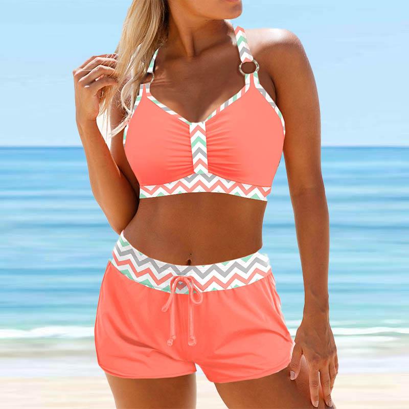 Женский купальник с бретелями и двухцветным полосатым принтом, бикини с коротким топом, купальник