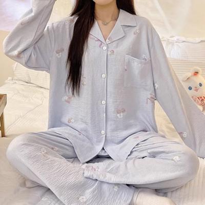 Весенний повседневный простой женский пижамный комплект, модный кавайный принт с лацканами, дизайн горловины, пижамный комплект, женская одежда для сна, ночная одежда