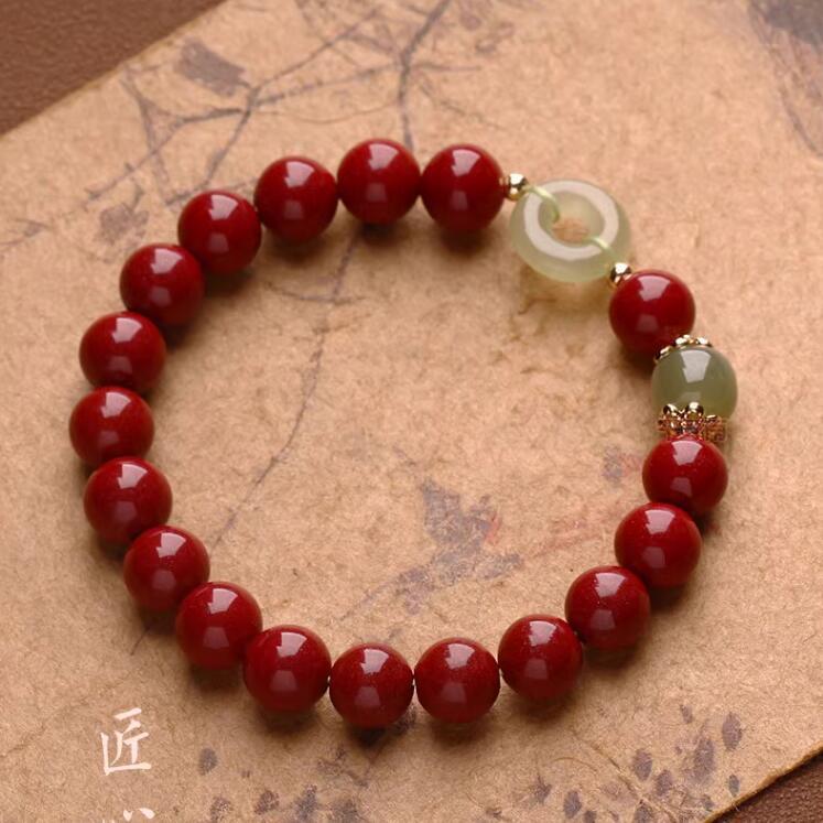 Genuine cinnabar bracelet for women, natural Hetian jade peace buckle bracelet for men, niche zodiac jewelry gift