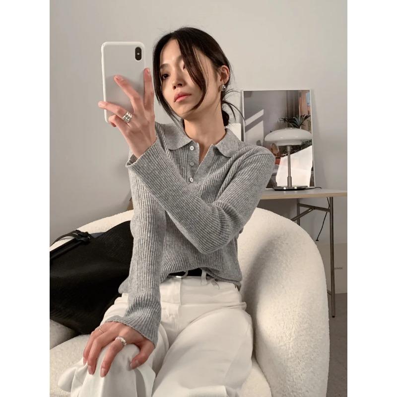 Южная Корея шикарная осень простая элегантная поло воротник полосатый универсальный утягивающий однотонный длинный рукав мягкий клеевой трикотаж