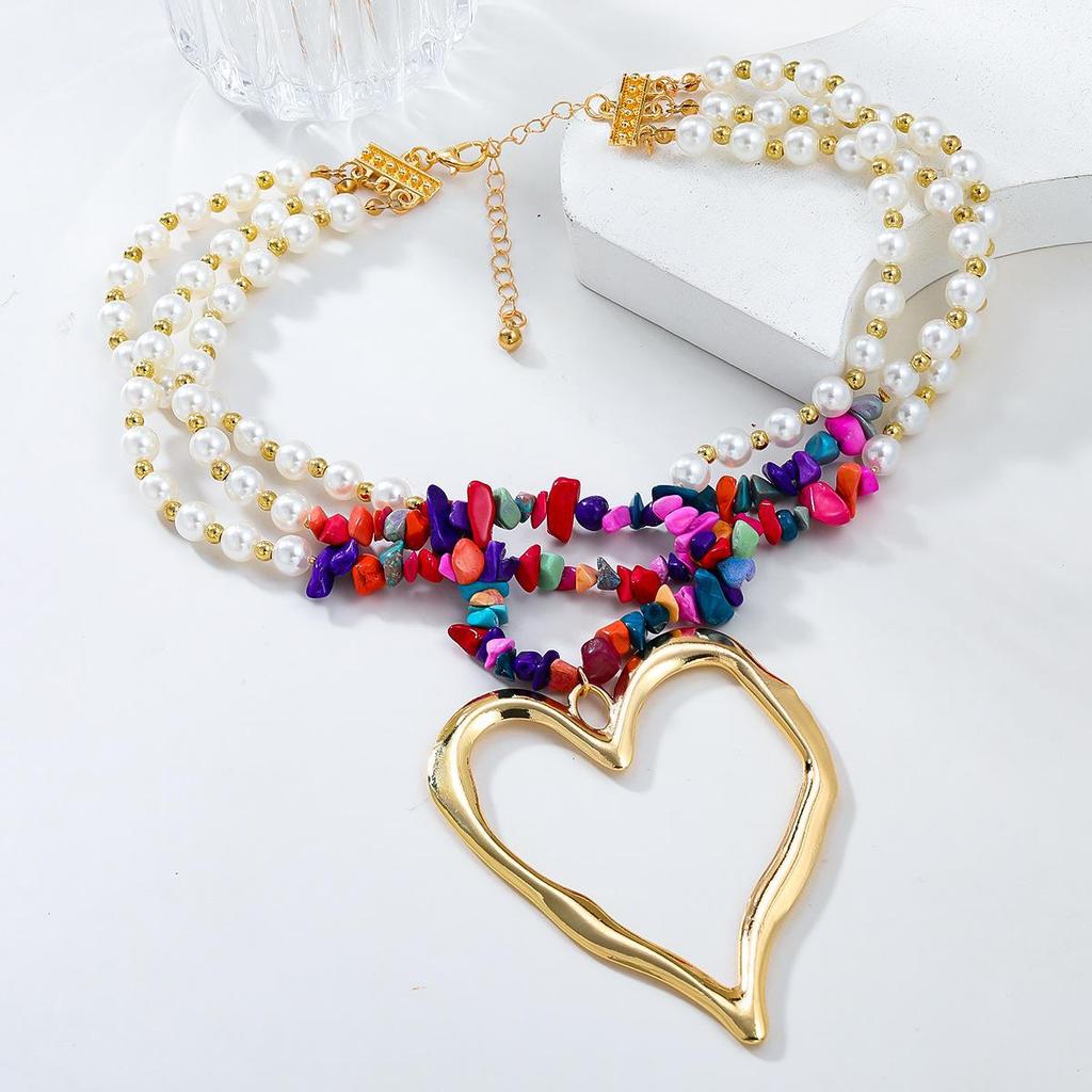 Крупное ожерелье в стиле бохо с имитацией жемчуга и бирюзы в форме сердца