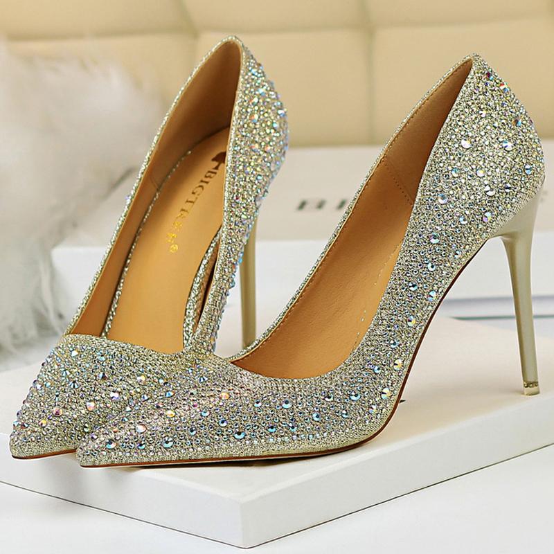 Большой размер 43 Женские туфли-лодочки Свадебная обувь Стразы Блеск Невеста Высокие каблуки Шпилька 7 СМ 10 СМ Роскошные туфли-лодочки Вечерняя обувь