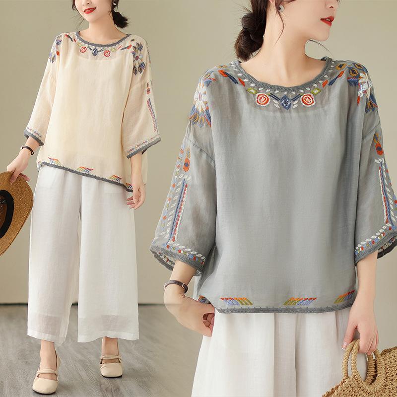 Summer Loose Thin T-shirt for Women Large Size Ethnic Embroidered Blouse Round Neck Half Sleeve Top