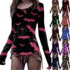 Women's Fashion Casual Mori Slim Long Sleeve Halloween Printed Round-Neck Regular Top