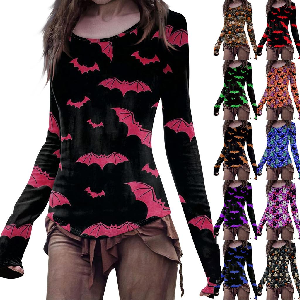 Women's Fashion Casual Mori Slim Long Sleeve Halloween Printed Round-Neck Regular Top