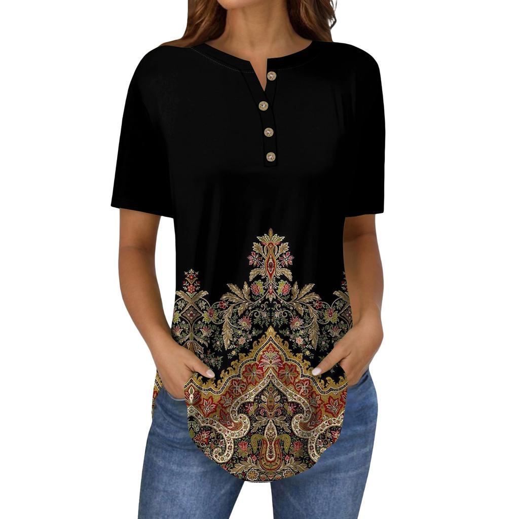 Short Sleeve Womens Tops Summer T-Shirts Floral Print V Neck Casual Basic Tee Button Shirts Tunic Tops