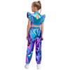 Girls Hip-Hop Dance Costume Mock Neck Rhinestone Mesh Patchwork Sleeveless Metallic Ruffle Top Paired with Shiny Cargo Pants for Competition