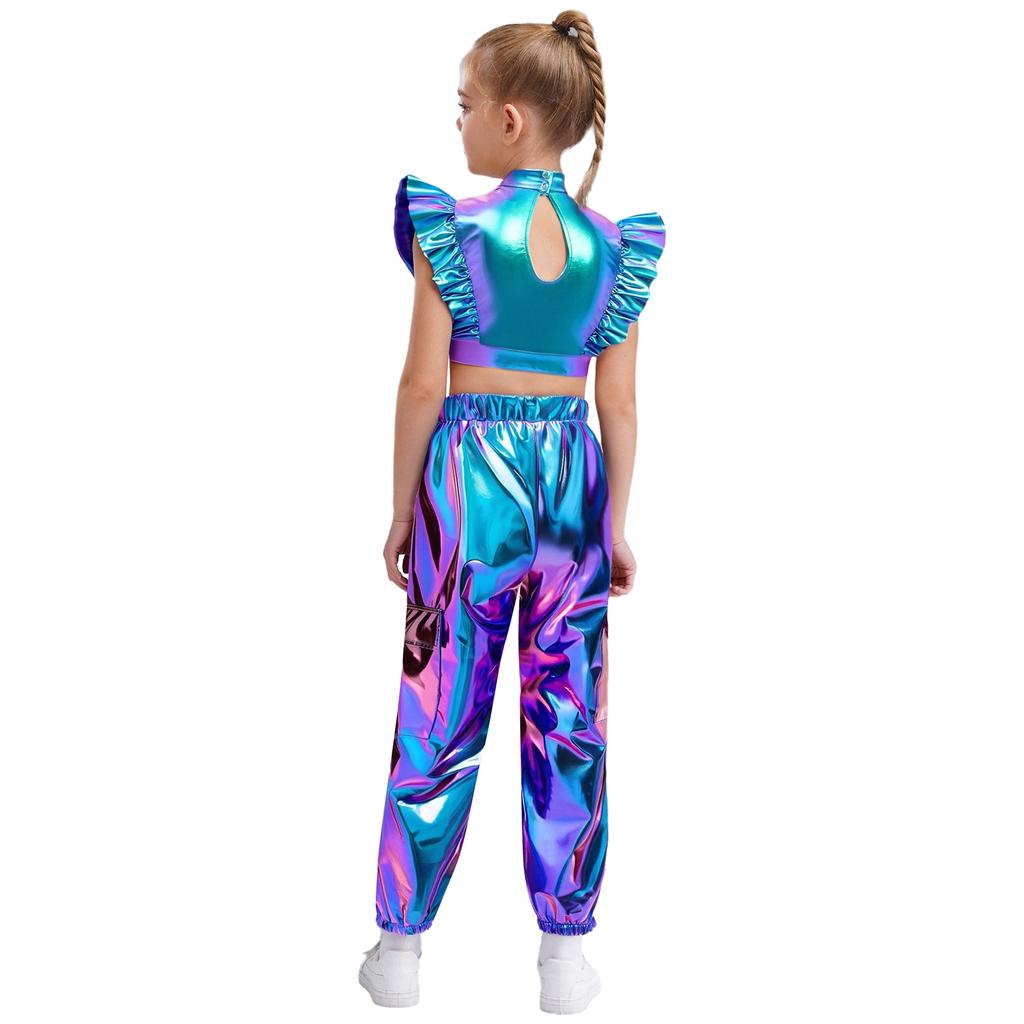 Girls Hip-Hop Dance Costume Mock Neck Rhinestone Mesh Patchwork Sleeveless Metallic Ruffle Top Paired with Shiny Cargo Pants for Competition