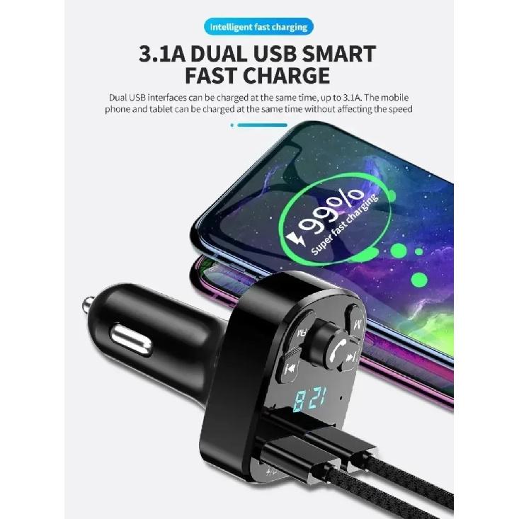 Новый автомобильный Bluetooth 5.0 Адаптер прикуривателя FM 3.1A Двойной USB Быстрая зарядка Зарядка Громкая связь MP3-плеер с цифровым дисплеем